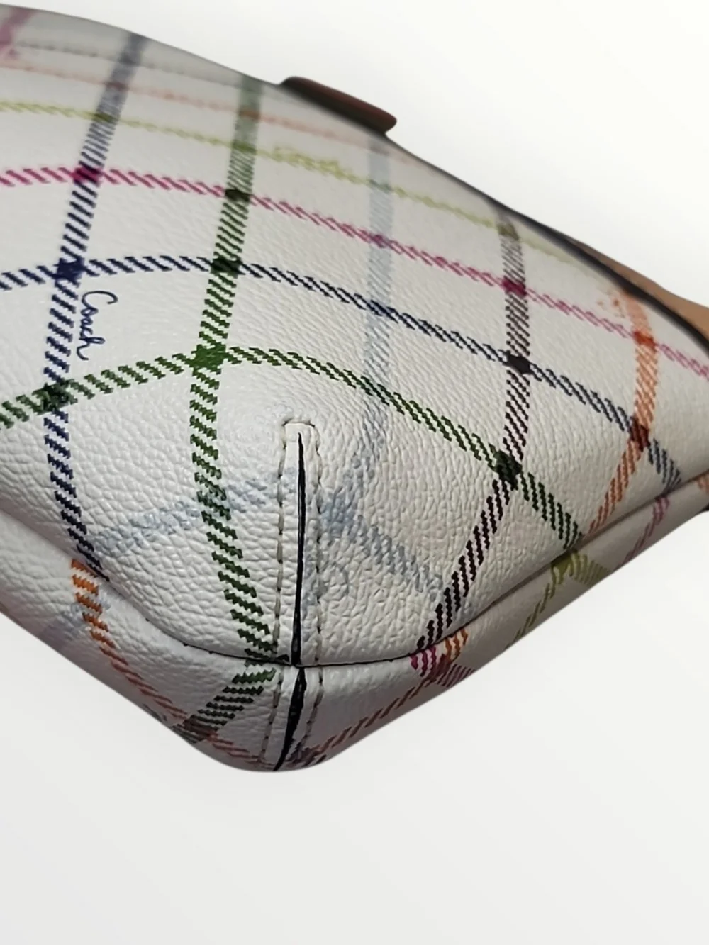 COACH Peyton Tattersall Plaid Wristlet Chalk Multi Gold Leather Trim Like New - Picture 5 of 7